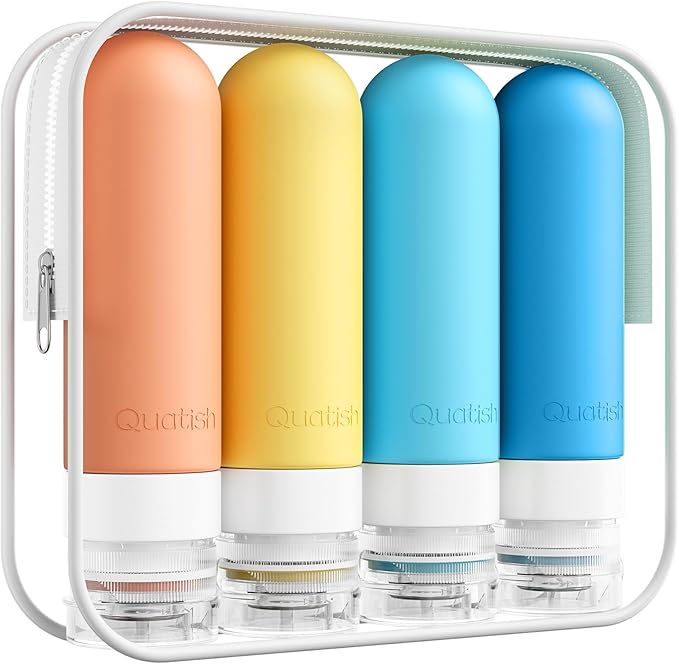Quatish Travel Bottles for Toiletries, Original Patented Leak Proof Travel Size Containers, 3 oz Tsa Approved Silicone Shampoo and Conditioner Bottles, 4 Pack, Multi-ColorB