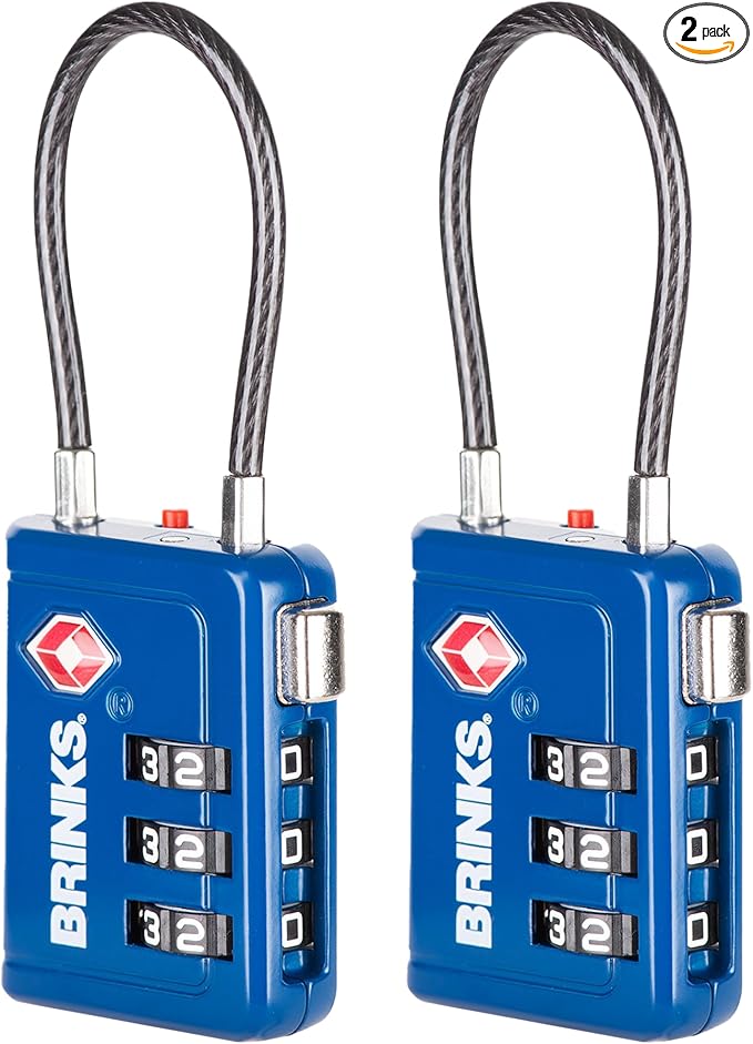 Brinks TSA Accepted Indicator Luggage Lock, Blue - Resettable 3-Dial Combination, 1.5 inch Long Cable Shackle, New More Secure Key, 2 Pack