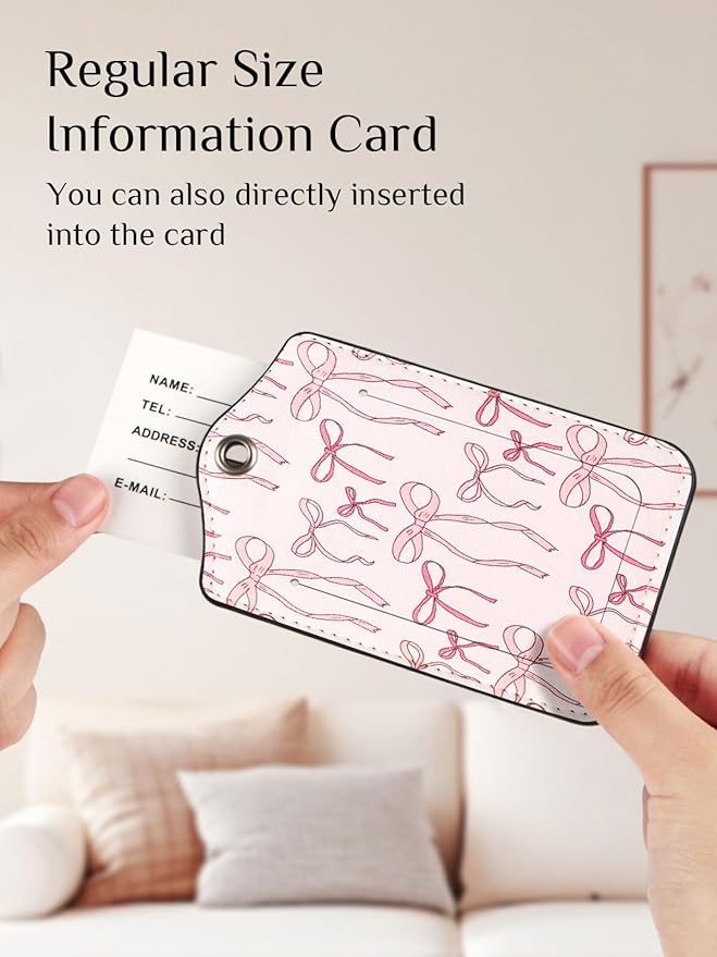 Seorsok 2Pcs Luggage Travel Tags for Suitcases,Cute Ribbon Bow PU Leather Name Tag with Privacy Cover&ID Label Address Card and Durable Metal Ring Suitable for Men Women Handbags Backpack,Pink
