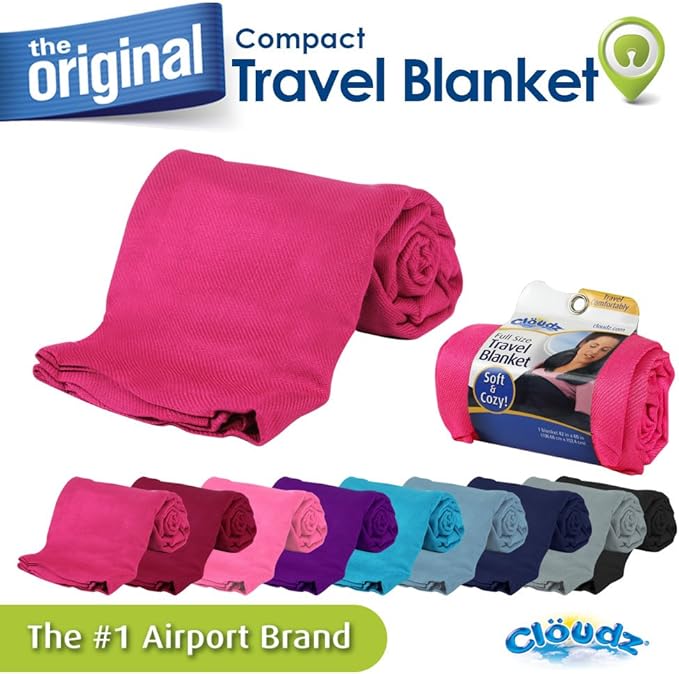 Cloudz Cozy Compact Airplane Travel Blanket for Your Flight, Car, Camping, Home or Comforting Warmth Anywhere! - Fuchsia