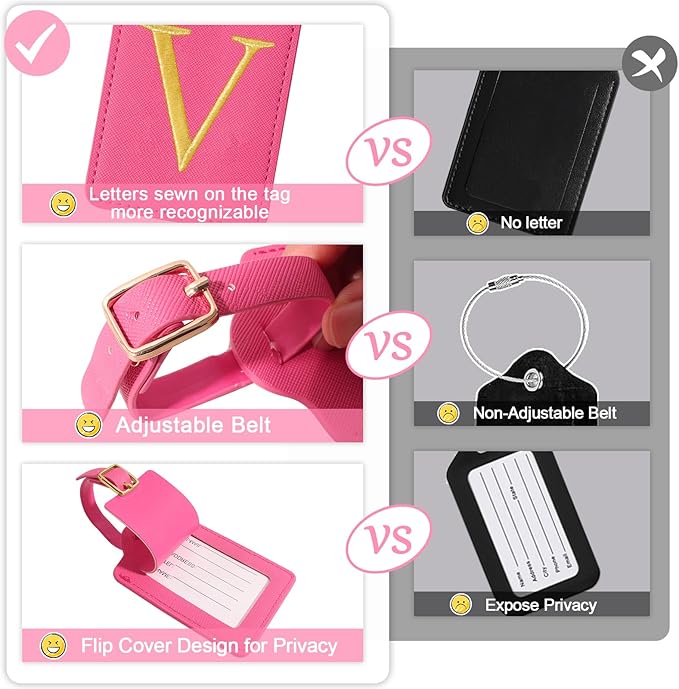 Unique Initial Letter Luggage Tags for Suitcases, Monogrammed Suitcase Luggage Identifier Tag,PU Leather TSA Approved Luggage Tags,Bag Tags for Men Women Kids Luggage Baggage(Rosered V)