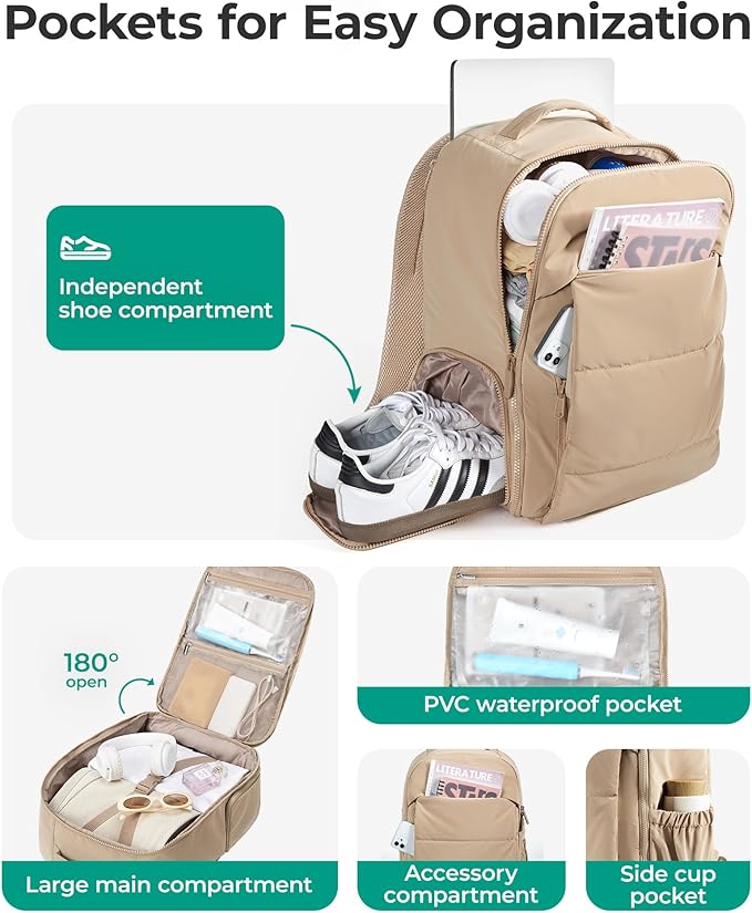 BAGSMART 30L Travel Backpack for Women, Carry on Backpack for Airplanes, Gym Backpack with Shoe Compartment, Lightweight Travel Bag Fits 15.6 Inch, Water-Resistant, Chocolate