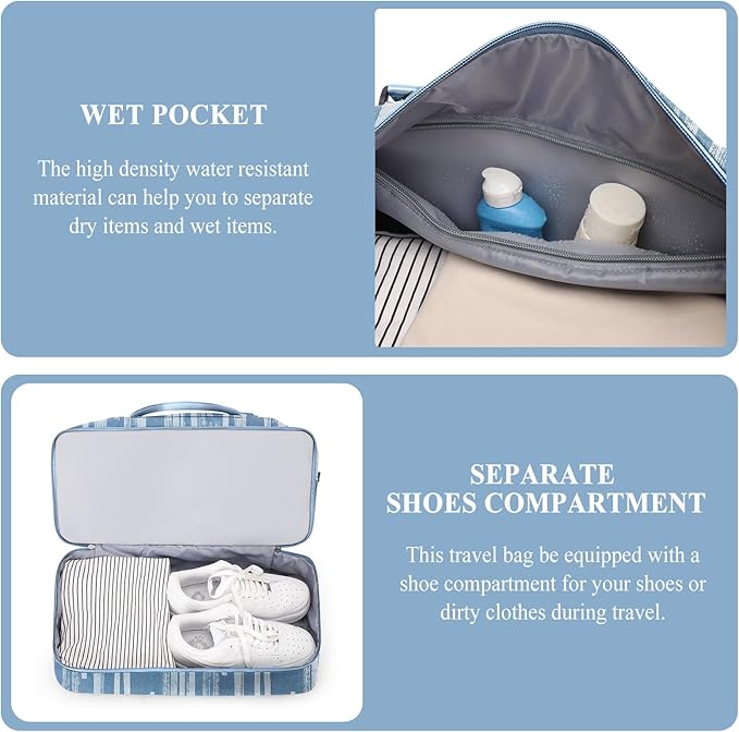 Weekender Bags for Women,Personal Item Travel Bag with Shoes Compartment,Overnight Travel Duffel Bag with Toiletry Bag,Denim Print