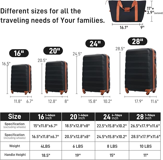 Merax Luggage sets of 13 Piece 16 20 20 28 IN Carry on Luggage Hard Case Black and Brown Luggage Expandable Checked Luggage Suitcase Set with Wheels