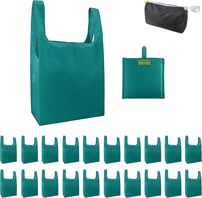 BeeGreen Marrs Reusable Grocery Bags Wholesale Marrs Green Reusable Kitchen Bags Bulk Foldable-Machine Washable with Zipper Storage Pouch 20 Packs