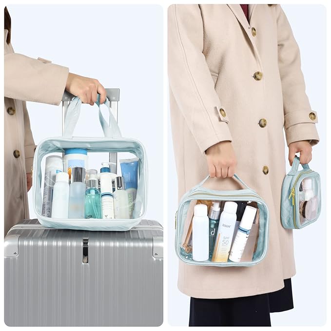 PACKISM Clear Makeup Bag Combo Pack, 1 TSA Approved Medium & Large/XL for Checked Luggage, Clear Toiletry Bag with Handle, Water-resistant Travel Essentials Organizer, Grayish Blue