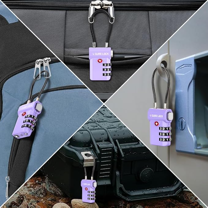 SURE LOCK TSA Approved Luggage Locks – 3-Digit Combination Cable Lock with Red Indicator, Large Dial & Easy-Press Button for Suitcases and Backpacks – Multi-Pack & Color Options