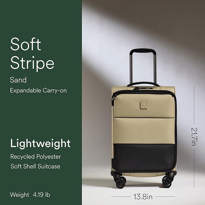 ANTLER - Soft Stripe Carry On Luggage 22x14x9 Airline Approved - Cabin Suitcase with Expander, Adjustable Handle, 4 Spinner Wheels, Lightweight, TSA Lock - Recycled Polyester Luggage - Sand Yellow