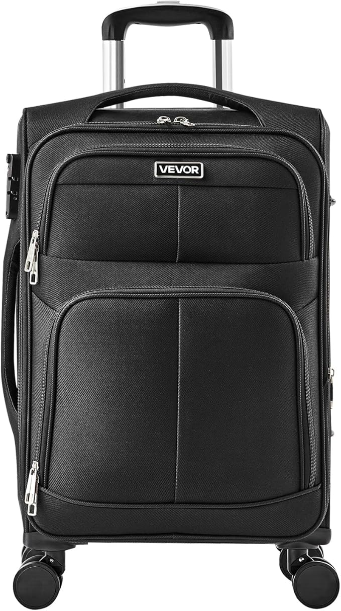VEVOR Softside Expandable Luggage with Spinner Wheels, 20-Inch Softside Carry on Luggage, Lightweight Checked Suitcase with Expandable Zippered Pocket and TSA Lock, Black