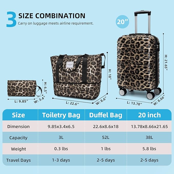 LARVENDER Luggage Sets 3 Piece, Hardside 20 IN Carry on Luggage Airline Approved PC+ABS Suitcase Set with Spinner Wheels TSA Lock, Lightweight Rolling Suitcase for Men and Women, Cheetah Print