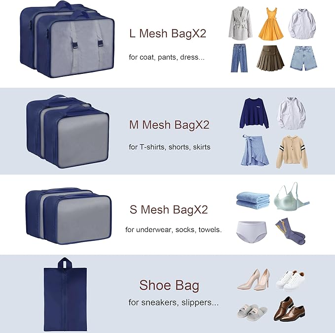 Packing Cubes, 7 Pcs Travel Packing Organizers for Suitcases, Large Capacity Travel Luggage Organizer Set includes 7 Storage Bags, Travel Essentials for Women or Men (Navy)