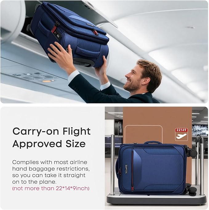 Carry on Luggage 22 X 14 X 9 Airline Approved,22 Inch Softside Suitcases w/TSA LOCK,Lightweight Carry-On Suitcase w/Spinner Wheels,Upright Softshell Luggage for Men/Women（Navy,22in）