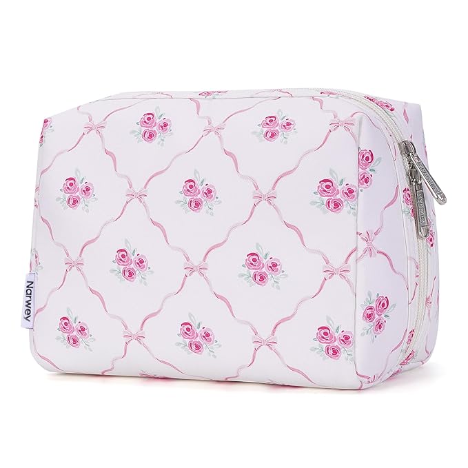 Narwey Makeup Bag Travel Cosmetic Bag Organizer Toiletry Bag Make Up Bags with Compartments for Women Girls (Bowknot and Flower)