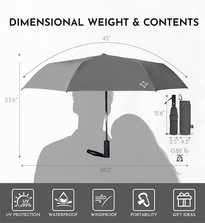 Windproof Travel Umbrella for Rain - 43" Compact Folding Umbrella, Reinforced Strong Frame, Lightweight Portable Parasol with UPF 100+ UV Sun Protection, Cruise Ship Essentials
