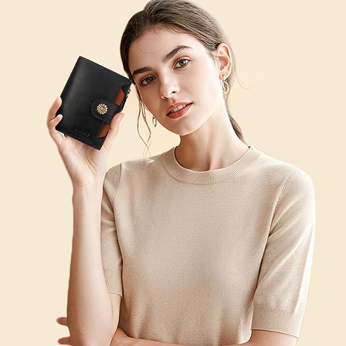 Wallet Women,RFID Blocking Leather Womens Wallet Bifold Compact Card Holder Small Wallet for Women with Removable ID Window blackbrown