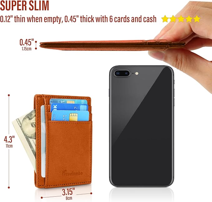 Travelambo Slim Wallet Front Pocket Minimalist Leather RFID Blocking Medium Size