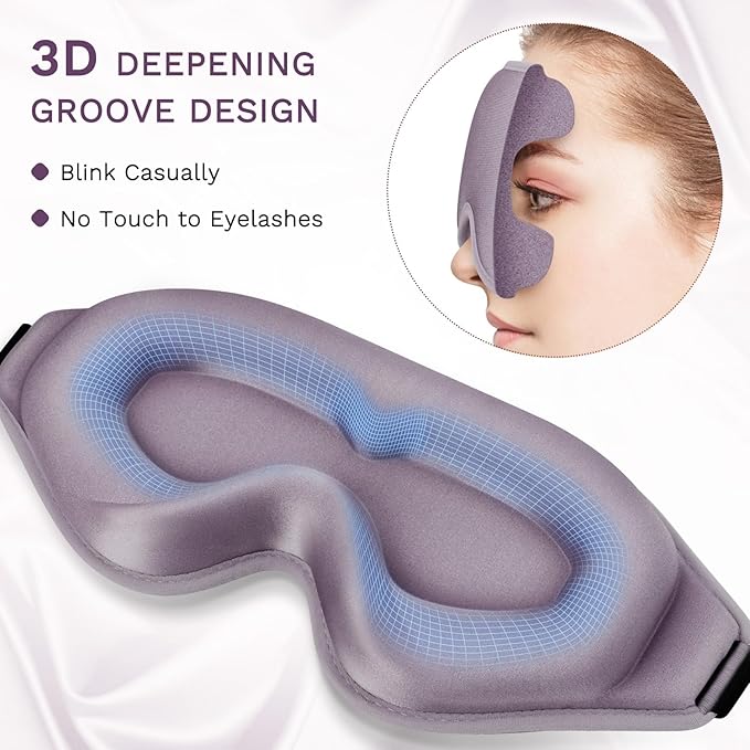 99% Fully Block Out Light Eye Sleep Mask, 3D Deep Contoured Eyes Cover Zero Pressure, Long Lash Extension Eyes Mask with Adjustable Straps for Sleeping Travel Home Nap Rest Women Men (Light Purple)