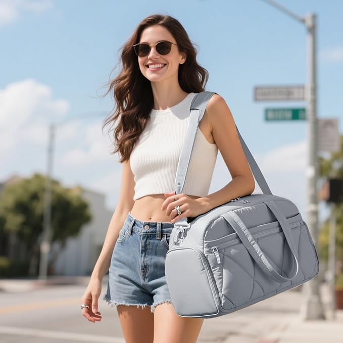 Gym Bag for Women, Puffer Travel Duffle Bag With Shoes Compartment & Wet Pocket, Carry On Tote Bag For Weekender, Overnight, Sport duffel bags for traveling (Grey, Medium)