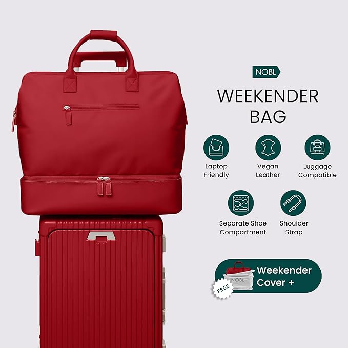 NOBL Travel Weekender Bag for Women & Men, Large Duffel Carry-On Tote with Trolley Sleeve, Separate Shoe Compartment & Laptop Pocket, Leather Overnight Bag for Airplane, Gym, Road Trips - Cherry Red