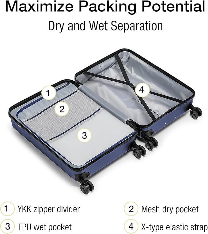 KYME Carry On Luggage 22x14x9 Airline Approved Hardshell Carry On Suitcases with Wheels Travel Rolling 20 Inch Luggage with Cup Holder for Women Men,Carry-on Navy