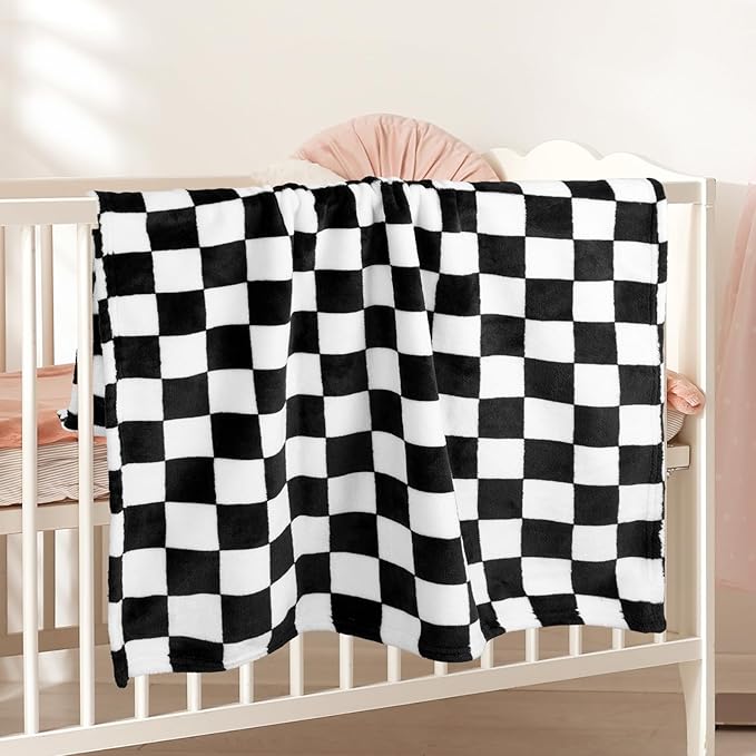 Plush Checkered Baby Blanket for Boys Girls Nursery, 30"*40" Warm Short Fleece Blanket Neutral for Infant Newborn, Small Fuzzy for Sleeping, Chenille Baby for Stroller (Black&White)