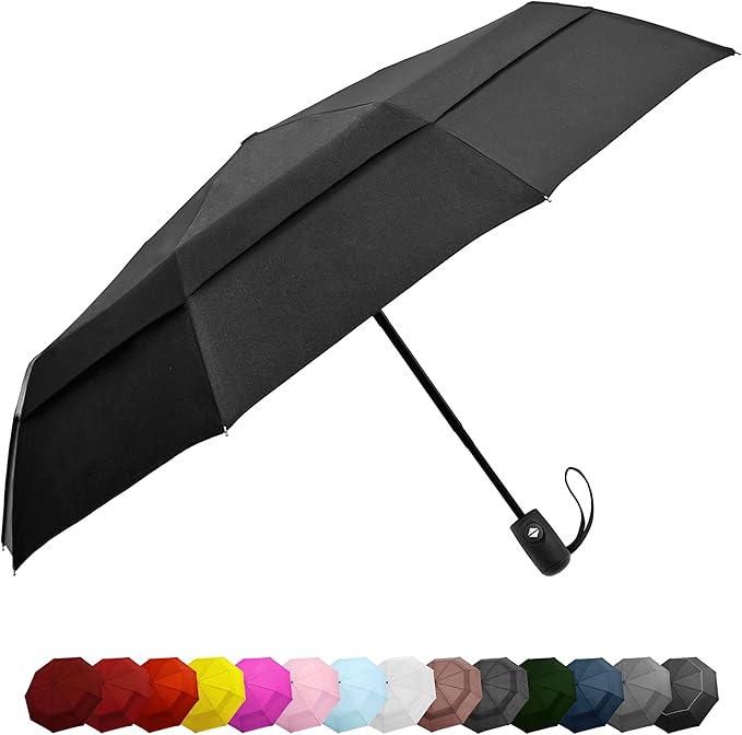 Windproof Compact Umbrella for Rain - 42” Travel Umbrella, Portable, Strong, Collapsible to 11”, Automatic Open Close Button, Vented Double Canopy with Fiberglass/Steel Frame, Wind Resistance to 55MPH