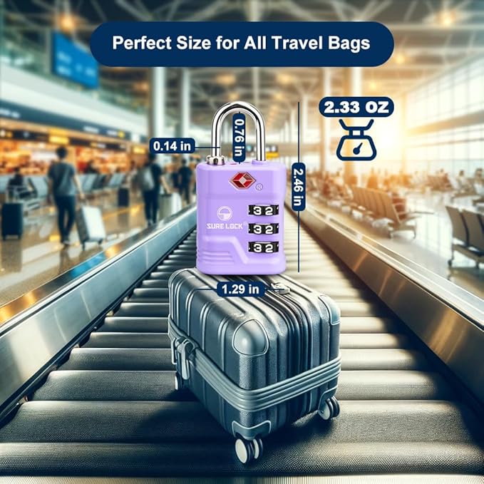 SURE LOCK TSA Approved Luggage Lock – 3-Digit Resettable Combination Padlock with Open Alert Red Dot, Large Easy-Read Dials for Suitcases, Backpacks, Gym & School Lockers (Purple 4 pk)