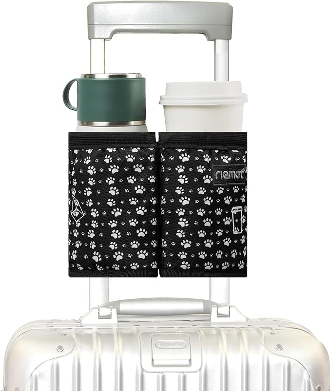 riemot Luggage Travel Cup Holder Free Hand Drink Caddy - Hold Two Coffee Mugs - Fits Roll on Most Suitcase Handles - Gifts for Flight Attendants &Frequent Travelers Accessories Cat Paw