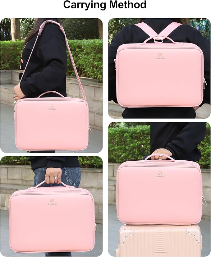 Relavel Large Makeup Case with LED Mirror, Train Cosmetic Case with Separate Brush Board, Professional Makeup Organizer Storage with Detachable Dividers for Makeup Artists, Hairstylist - Pink