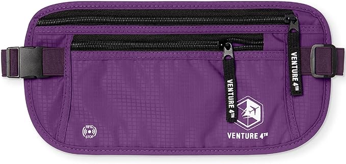 VENTURE 4TH Money Belt for Travel – Hidden Under-Clothes RFID Blocking Passport Holder & Slim Travel Wallet Pouch for Men & Women to Protect Cash, Cards & Documents (Purple)