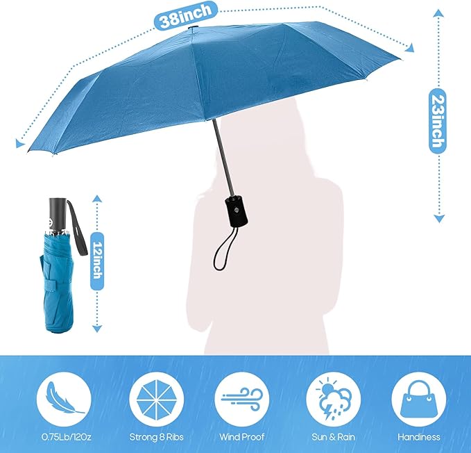 Travel Compact Umbrella, Folding Travel Umbrella for Rain and Shine Small, Windproof Automatic Open/Close, Portable Umbrellas