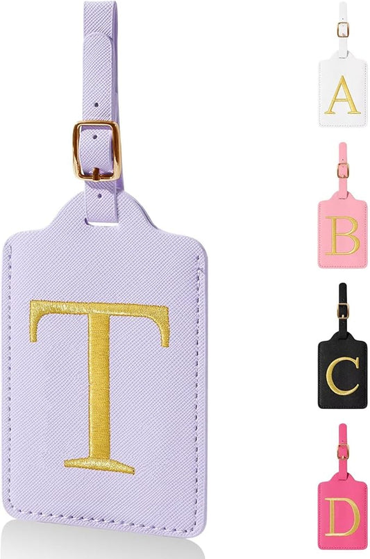 Personalized Initial Luggage Tags for Suitcases,Leather Letter Cute Luggage Tags with Privacy Name Card,Embroidered Monogrammed Travel Bag Backpack Tag Gifts for Women Kids Girls Teens(Purple-T)