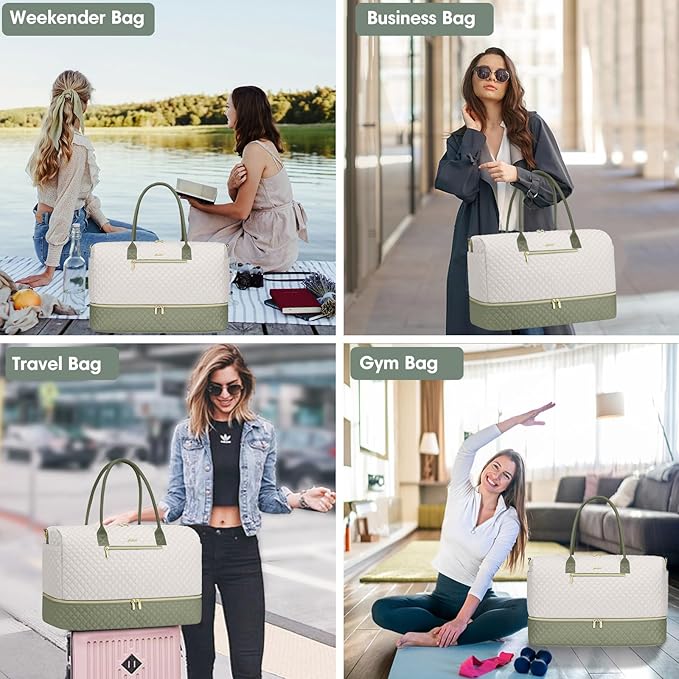 Travel Weekender Duffle Bags for Women - Duffel Bag with Shoe Compartment Carry On Overnight Bag with Toiletry Bag with Wet Pocket for Gym Hospital Bags for Labor and Delivery Beige Green