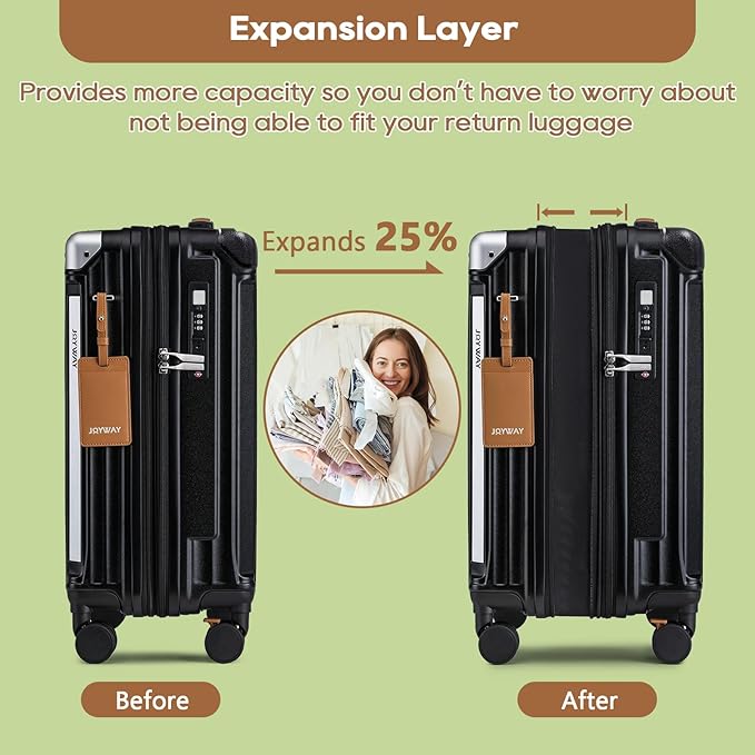 Joyway 20in Carry On Luggage with Cup Holder and USB Port, 25% Expandable Capacity, Smart Suitcase with Anti Slip Wheels and Handbag, Perfect for Men and Women 3 Piece Set Black