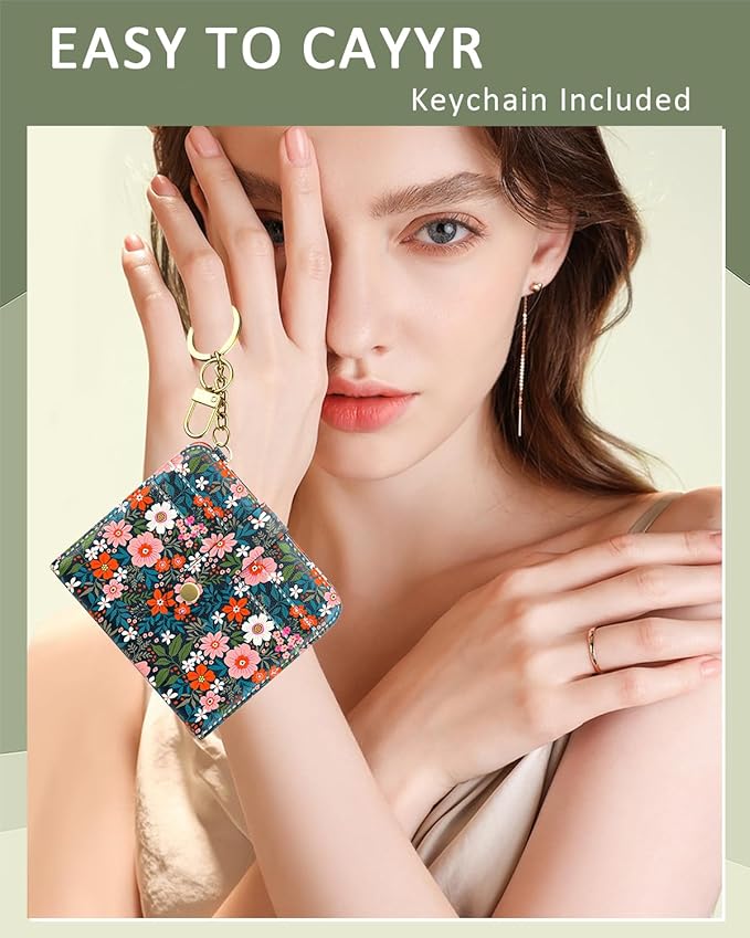 Aiawoxc Womens Wallet, RFID Small Wallets for Women, Slim Compact Credit Card Holder, Cute Leather Bifold Ladies Purse with Zipper Coin Pocket and ID Window, Cute Flowers