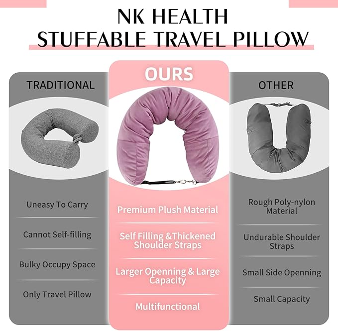 Stuffable Travel Pillow, Stuffable Neck Pillow for Travel, Neck Pillow Stuffed with Clothes Storage - No Extra Baggage Fees, Fits 5+ Days of Travel Essentials, No Filler (Pink)