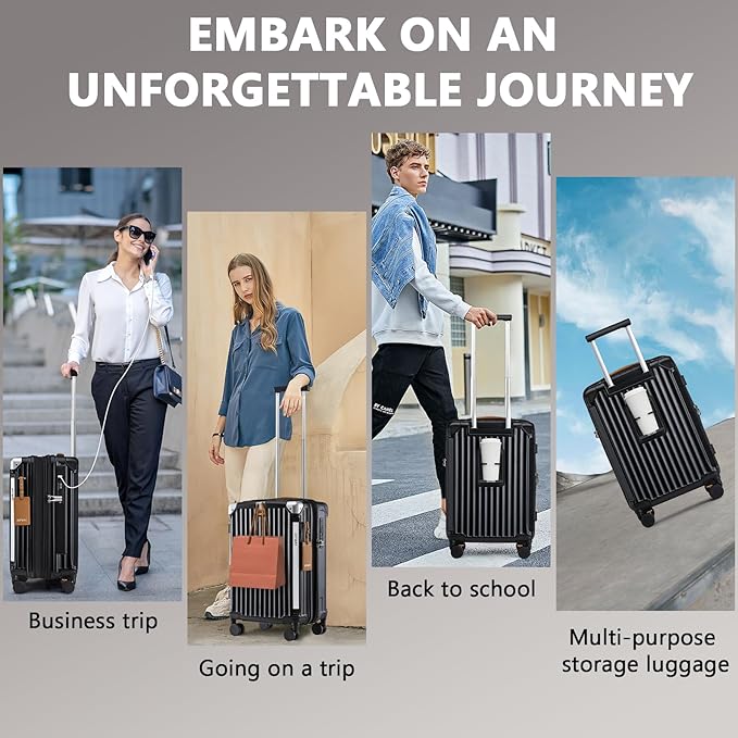 Joyway 3 Piece Set Hardside Expandable Luggage with USB Charging Port and Cup Holder, TSA Lock Spinner Wheels Suitcase for International Travel, Lightweight Carry On Checked Baggage, Black