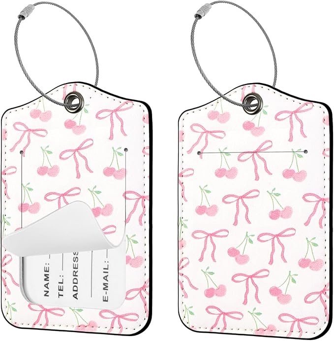 Seorsok 2Pcs Luggage Travel Tags for Suitcases,Ribbon Bow PU Leather Name Tag with Privacy Cover&ID Label Address Card and Durable Metal Ring Suitable for Men Women Handbags Backpack,Pink Cherry