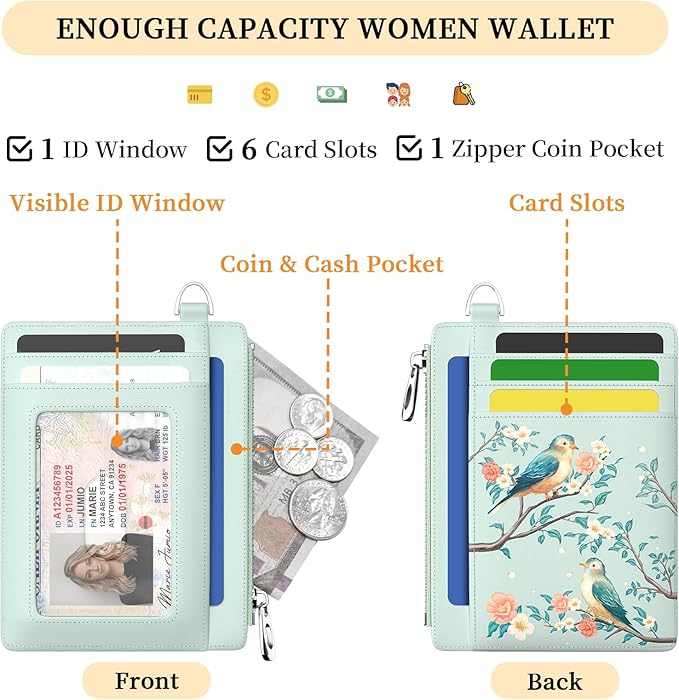 Hancynir Bird Floral Slim Wallet Women Credit Card Holder Cute Flower RFID Blocking Small Card Wallets Mini Front Pocket PU Leather Thin Travel Zipper Coin Cash Ladies Female Wallet Organizer Gifts