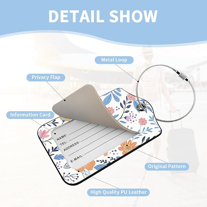 2 Pcs Luggage Tag for Suitcases, Floral Flowers Cute PU Leather Suitcase Tag Privacy Cover ID Label with Metal Loop, Personalized Baggage Identifier for Women Cruise Bag Travel Essentials