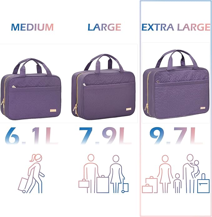 NISHEL Travel Toiletry Bag for women, Portable Hanging Organizer for Family-Sized Shampoo, Conditioner, Brushes Set, Makeup Accessories, Extra Large Size, Purple