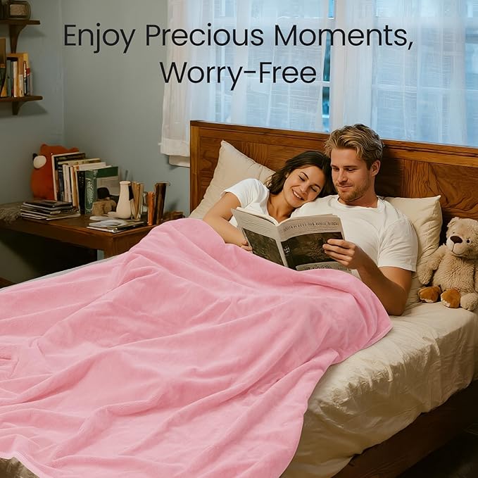 LOOBANI Waterproof Blanket for Bed: Reversible Leakproof King Size Bed Blankets 85" x 108", Soft Flannel & Coral Fleece Bed Blanket Water Resistant for Couch Sofa Cover, Travel, Movie Time, Pink