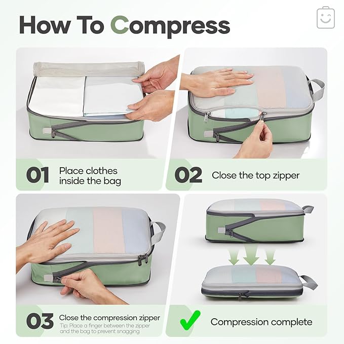 Veken 9/11 Set Compression Packing Cubes for Travel Essentials,Compressible Expandable Large Luggage Suitcase Organizer Bags for Clothing,Durable Space Saver Storage Bags(Matcha Green)