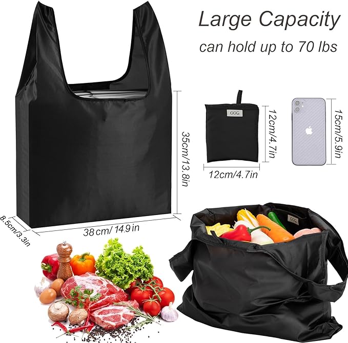 Large Reusable Bags Shopping Washable Foldable 6 Pack Grocery Bags Heavy Duty Lightweight Folding Gift Tote Bags Durable Polyester Black