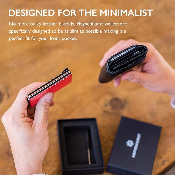 Hayvenhurst Wallet For Men - Reinvented Design Men's Wallet - Slim, Minimalistic & Seamless Card Case, Blocks RFID Scanners, Holds 12 Cards (Crimson)