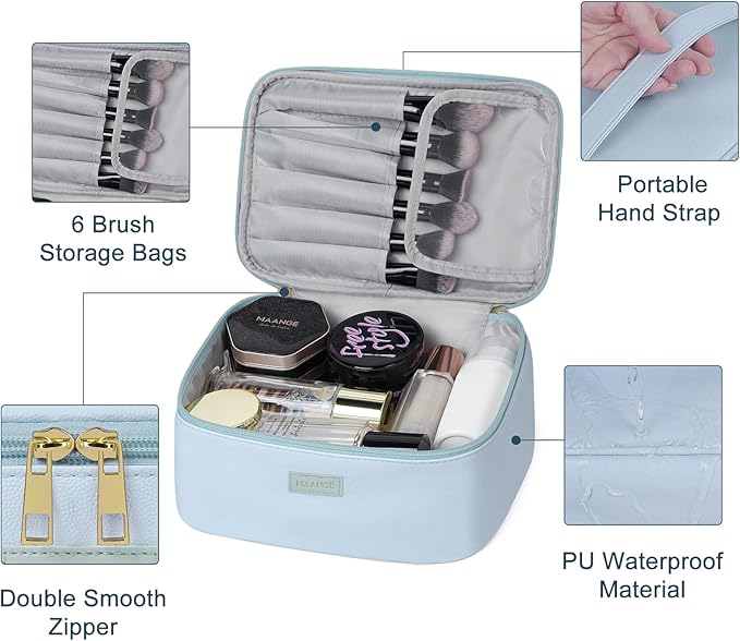 MAANGE Makeup Bag Large Cosmetic Bag with 2pcs Small Makeup Bags Portable Leather Travel Makeup Bag Set Toiletry Bag Make Up Bags for Women and Girls (Blue)