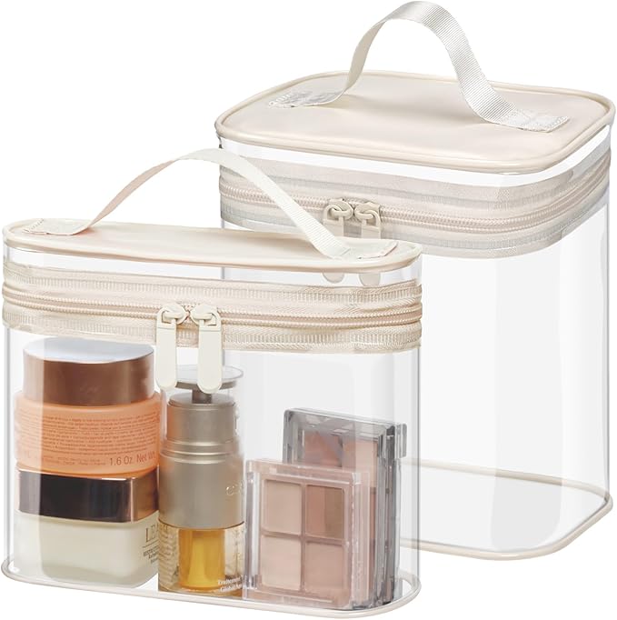 PACKISM Clear Toiletry Bag Combo Pack - 1 TSA Approved Medium & 1 Large Makeup Bag for Checked Luggage, Clear PVC Travel Bag with Handle, Dual Metal Zippers, Water Resistant Large Opening, Beige