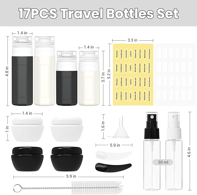 17 Pack Travel Bottles - TSA Approved Travel Size Toiletries, Leak Proof Containers for Toiletries, Silicone Squeezable Container for Shampoo, Body Wash, Lotion & Conditioner - Black