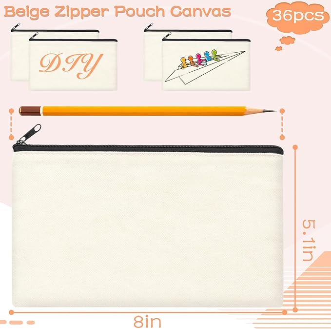 ZeeDix Canvas Pouch- Multi-purpose Cosmetic Bag with Zipper, DIY Craft Canvas Zipper Pouch Blank Makeup Bags Bulk Travel Toiletry Bag for Storage (8.3 x 5 inches)
