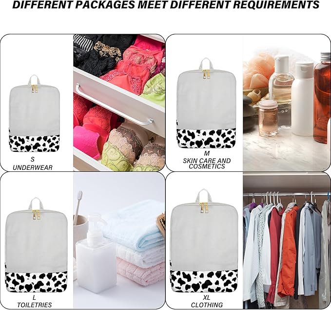 4 Set Packing Cubes Travel Luggage Organizers Compression cubes for Suitcase Travel Accessories for Women Girls Aesthetic Cute-Black White Cow Pattern